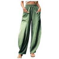 Памучни спални панталони за жени плътни цветни тренировки еластична талия подрязани панталони от свободно време дами джобни суитчъни