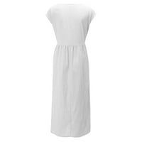 Летни рокли за жени със средна дължина за свободно време солиден къс ръкав A-линия кръгла деколте рокля бяло xl