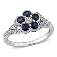 Миабела Дамски карамфил син сапфир карат диамант 10кт Бяло Злато Цветен Сплит джолан пръстен