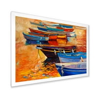 Лодки По Време На Топъл Цветен Залез В Пристанището Рамкирах Картина Платно Арт Принт