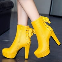Symoid Womens Boots- Ретро плоски долни обувки Небрежни ботуши плюс плъзгане на двойни обувки с цип Жълто 42