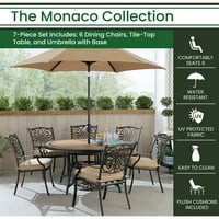 Хановер Монако 7-парче открит вътрешен двор трапезария комплект, омекотени стационарни столове, 60 кръгла маса плочки, 9 ' чадър, и чадър база, Матиран бронз покритие,