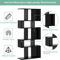 5-етажна геометрична Етажерка Черна, 70 висок дървен свободностоящ декоративен дисплей отворени рафтове с устройство против преобръщане, всеки рафт държи до кг, дървена с форма на библиотека