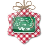 Коледен орнамент Зелен знак Добре дошли в Wigan Red Plaid Neonblond