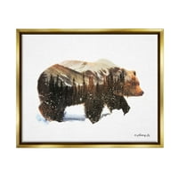 Ступел индустрии кафява мечка силует Снежна планина гора пейзаж графично изкуство металик злато плаваща рамка платно печат стена изкуство, дизайн от Антъни Смит