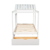 Модерно дървено легло с двойно легло рамка за легло с покрив, прозорец и чекмедже за спалня за игра, бяло