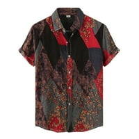 Мъжки ризи Мъжки лятна ежедневна горна риза Флорална риза с късо ръкав се завой до [блуза модна яка риза червено + m