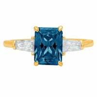2. CT Brilliant Emerald Cut Natural London Blue Topaz 14K Жълто злато тритонен пръстен SZ 7