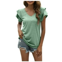 Дамска Мода Плътен цвят в-врата Двойна разрохкване ръкав хлабав топ тениска зелен ххл