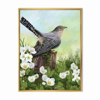 Дизайнарт 'кукувица птица на стар пън и бели цветя' традиционна рамка платно стена арт принт