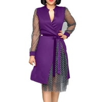 Рокля с дълъг ръкав за жени- небрежен цвят цвят съвпадение на ръкав в средна дължина плюс размер рокля лилаво xxl