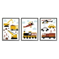 Ступел индустрии пътуване и строителство илюстрация влакове камиони автомобили рамкирани стена арт дизайн от Дафне Полсели, парче, 16 20