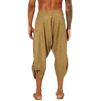 Мъжки панталони LaBakihah Мъже пролетта и лятото ежедневни всички съвпадат с твърд цвят памучен спално бельо модни панталони Разхлабени плажни панталони каки