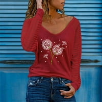 Aayomet Womens Fall Fashion Fashion Women е тениска с дълъг ръкав Цвят Блок Пуловер Екипаж Врат свободни удобни ежедневни върхове, червен XL