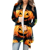 Сайхи Хелоуин Кардиган за дамски есенна тиква отворен предни тиквени отпечатани жилетка с пуловери Леки яке с тънко козина