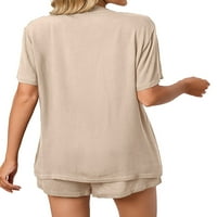 Hanerdun жени V Neck Pajamas Set женски бутон нагоре PJS Sleepwear Beige XL