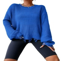 Небрежни обикновени кръгли пуловери с дълъг ръкав кралски сини пуловери за жени