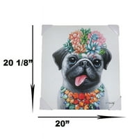 Цветно хавайско кученце Pug с цветя платно дървена рамка за картина 20 x20