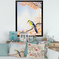 Красива синя птица седи на цъфтежа клон и рамка живопис платно изкуство печат
