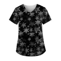 Дамска Коледна печатница с къс ръкав в-блузи с работен джоб-черно с