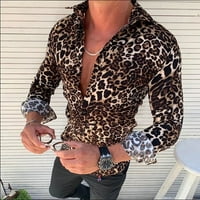 Мъжка риза бутон надолу, завой надолу яка блуза, леопард модел Долни върхове флорална риза дълъг ръкав риза тънък годни отгоре