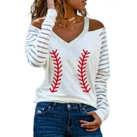 Женски есенни върхове модна жена V-образно деколте с дълъг ръкав тениска печат студено рамо разхлабени блузи върхове