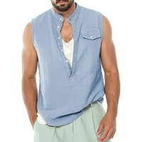 Поло ризи за мъжки пролет лято памучно бельо чист цвят случайни бутони без ръкави върхове блуза