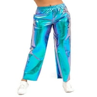 Niuer дамски панталони Градиентни дъна ярки лазерни палацо панталони панталони с висока талия цветно синьо m