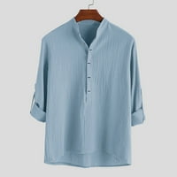 Лидияунистар мъжки Блузи на продажба мъжки памучен ленен риза дълъг ръкав Стоящи яка Бутон нагоре риза Модерен случайни риза топ блуза Светло синьо