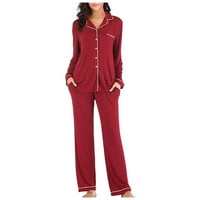 Дамски две пижами комплекти бутон с дълъг ръкав с шезлонги панталони за спално облекло домашно облекло