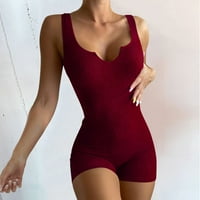 Poise Fashion Womens Sexy Sexy Summer Solid Color Небрежно плетещо ребро v Врат TOP TOP JUMPSUIT WINE