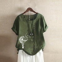 Клирънс йохом блузи за жени дамски памучен спално бельо кръгло шия с къс ръкав бутон от печат на печат зелено xxxxxl