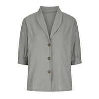 Voncos Clearance дамски върхове-жени със среден ръкав небрежен V-образен солиден цвят разхлабена бутонска риза блуза върхове сиво 8