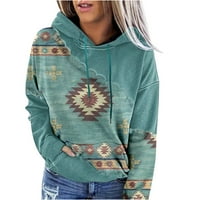 Качулки за теглене за жени есенни модни западни ацтекски печат с дълъг ръкав пуловер от екипаж с качулки с качулки с джобове на клирънс