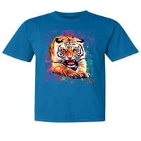 Дива Боби, тигър ръмжене на цветни трипи, любител на животни, боядисана с дреха измит тениска с къс ръкав, кобалт, X-голям