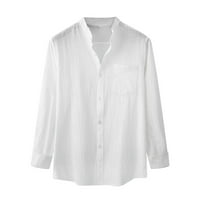 Мъжки памучни бельо ризи с бутон с твърд цвят риза с джобна мода дълъг ръкав ежедневна плажна риза бял xl