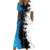 Женска лятна рокля цветен блок печат с къс ръкав midi рокля ежедневен мраморен модел v бутон за врата джобове дълги плажни слънчеви рокли с джобове сини s