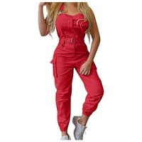 Комплекти за жените модни регулируеми задни каишки Rompers Плътна цветна джоба дизайн комбинезон от рамото без ръкави за ръкавици червени xxl