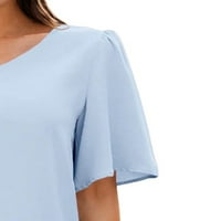 Бомоту жени тениска Плътен цвят тениска къс ръкав ТЕЕ бохемска туника блуза Празник Пуловер Светло синьо л