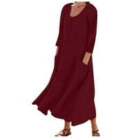 Лххед жените есен мода рокля клирънс Дълъг ръкав цвят памук бельо кръг врата Джоб рокля трендьол за есен зима