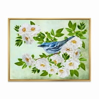 Дизайнарт 'малка синя Птичка, седнала на клон от бяла роза' традиционна рамка платно стена арт принт