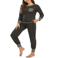 Пижама комплект за жени с дълъг ръкав + дълги панталони удобни нощни дрехи заспиване Дами райета екипаж в врата тениска панталони за домашно облекло