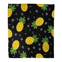 Хвърлете одеяло Жълто сладък модел с ананас на Doodle с черно изтеглена екзотична храна Пресни плодове Топло фланелно меко одеяло за диван Диван легло