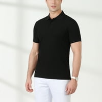 Летни ризи за мъже плюс размер солиден цвят къс ръкав бутон за завъртане на яка Тий Топ ежедневни стилни дишащи бизнес тениски Black S