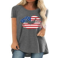Glookwis дамски тениски за шия на екипажа Основен свободен блуза Блуза с къс ръкав US Flag Print Tops