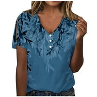 Дамски летни ризи с къс ръкав клирънс Модерен бутон нагоре в врат кухи Навън тениска блуза елегантен флорален печат Скрий корема върхове ТЕЕ с крака