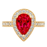 2. CT Brilliant Pear Cut симулиран Ruby 14K Yellow Gold Halo Solitaire с акценти пръстен SZ 6.5