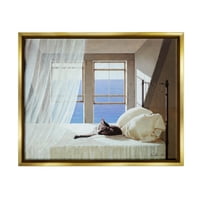 Ступел индустрии котка почива на бял океански легло морска живопис метална златна рамка плаващо платно стена изкуство, 24х30
