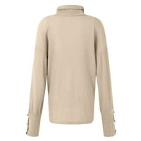 Rong Yun Women's Turtleneck Top Loose Pullover Button нагоре с дълъг ръкав с твърд цвят с плетене на дъна, каки