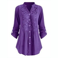 Дамски клирънс облекло жени бутон дантела v вратна риза с дълъг ръкав блуза лилаво xxxxl